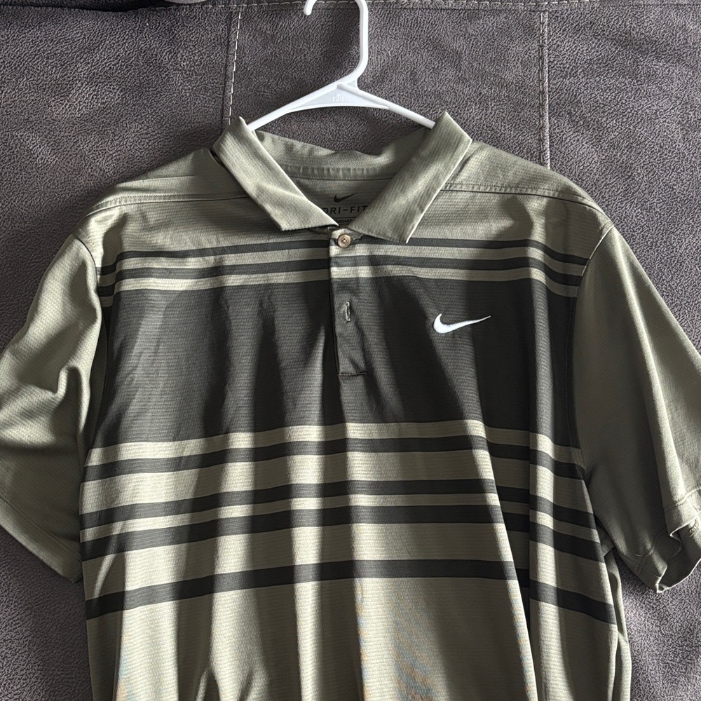 Nike Men's Olive and Black Striped Polo Shirt